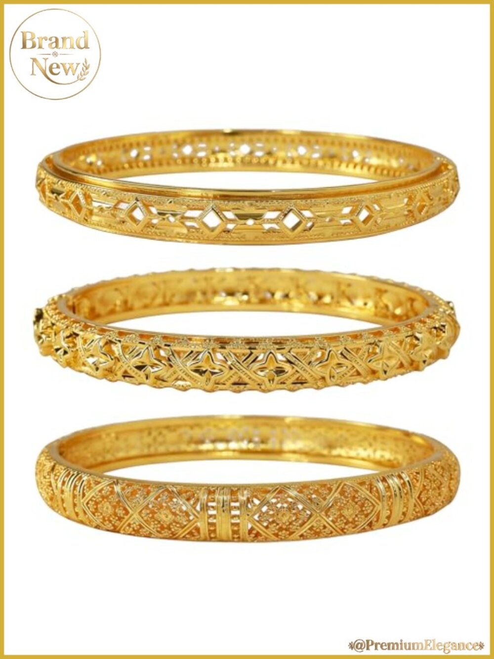 18K Gold Plated Bangle Bracelet Set 3 Piece Stackable Hollow Out
